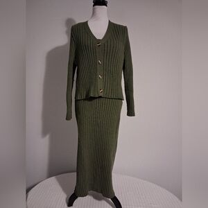 Olive Green Ribbed Knit Dress And Sweater Set